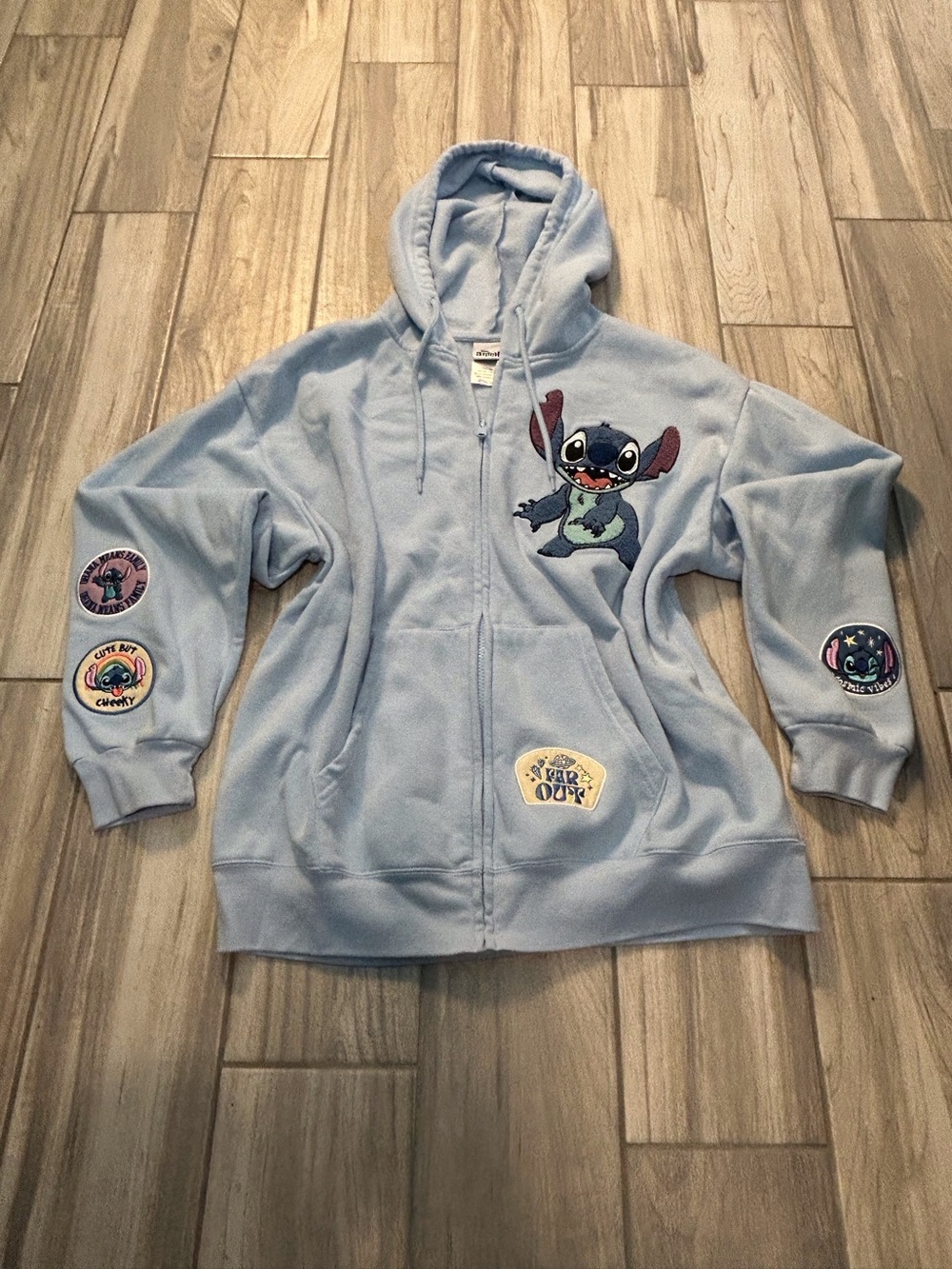 Disney Stitch Light Blue Cotton Blend XXL Full Zip Hoodie Patches